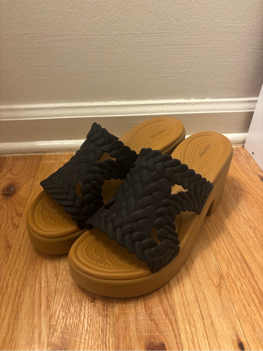 CROCS LiteRide Braided Platform Slide Sandals in Black and Tan